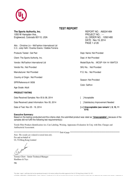 UL Test Certificate for cycling chamois pads