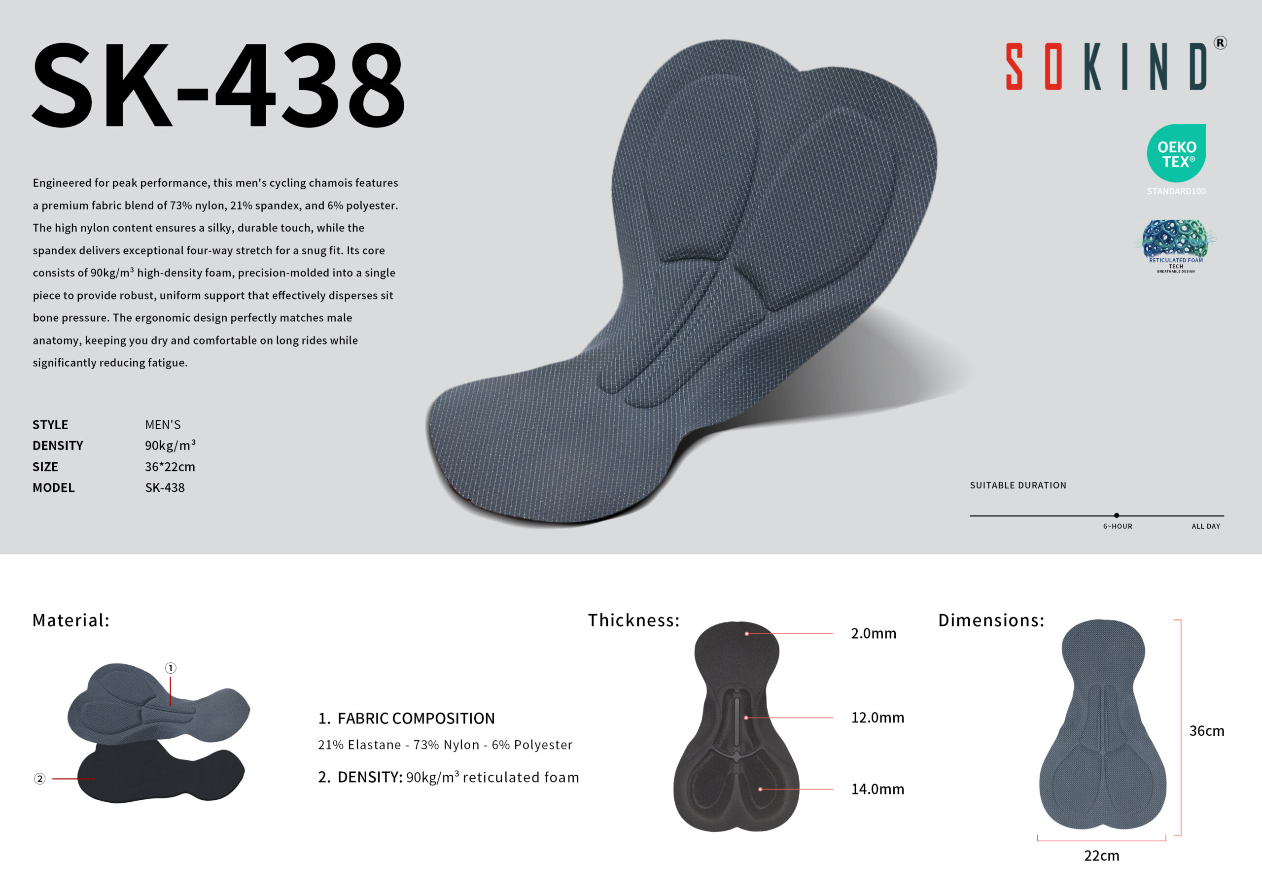 Wholesale Men 3D Contoured Cycling Pad SK-438 90kgm³ Foam Manufacturer Details